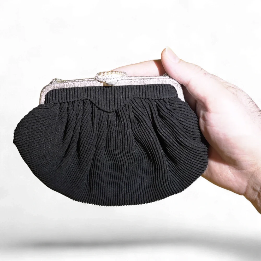 Vintage La Marquise Pleated Evening Bag Black w/ Silver Frame Kiss Lock 40s EUC